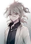  1boy artist_name bangs black_bow black_shirt bow closed_mouth collared_shirt commentary_request danganronpa_(series) danganronpa_2:_goodbye_despair dress_shirt gradient gradient_background grey_background grey_eyes grey_hair jacket komaeda_nagito looking_at_viewer male_focus medium_hair official_alternate_costume open_clothes open_jacket shirt smile solo two-tone_bow upper_body white_bow white_hair white_jacket z-epto_(chat-noir86) 