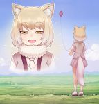  1girl animal_ears brown_hair character_request eyebrows_visible_through_hair fur_collar jacy japari_symbol kemono_friends kemono_friends_3 kite kite_flying looking_at_viewer necktie open_mouth short_hair solo tail upper_teeth 