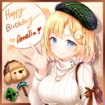  1girl aoilio bangs blonde_hair blue_eyes blush breasts bubba_(watson_amelia) character_name clothing_cutout commentary_request creeper deerstalker green_headwear grin hair_ornament hand_up happy_birthday hat heart highres hololive hololive_english jewelry large_breasts long_sleeves looking_at_viewer medium_hair minecraft monocle_hair_ornament necklace pickaxe ribbon shiny signature smile solo sweater turtleneck turtleneck_sweater upper_body virtual_youtuber watson_amelia 