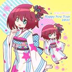  1girl 2021 :3 blush chibi clenched_hands flower green_eyes happy_new_year highres japanese_clothes kimono looking_at_viewer luluco mimi_kiri multiple_views new_year obi open_hand pink_flower red_hair sash short_hair short_sidetail side_ponytail smile star_(symbol) uchuu_patrol_luluco v-shaped_eyebrows yukata 