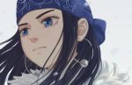  1girl absurdres ainu ainu_clothes asirpa bandana black_hair blue_bandana blue_eyes cape close-up closed_mouth ear_piercing earrings fur fur_cape golden_kamuy highres hoop_earrings jewelry lips long_hair looking_away perusona_moo piercing simple_background solo white_background 