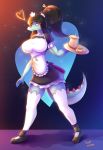  2021 anthro blue_body breasts clothed clothing crocodilian female fully_clothed glowing hair looking_at_viewer maid_uniform nipple_outline non-mammal_breasts purple_eyes reptile scalie simple_background smolspearrow solo suggestive tall thick_thighs uniform zoey_(disambiguation) zoey_(smolspearrow) 