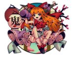  1girl absurdres bangs black_footwear bloomers blunt_bangs bow bowtie bright_pupils eyebrows_visible_through_hair fangs flower full_body gourd hair_bow highres holding horn_ornament horn_ribbon horns ibuki_suika lantern long_hair looking_at_viewer metal_belt oni_horns open_mouth orange_hair purple_ribbon purple_skirt red_bow red_eyes red_flower red_neckwear red_ribbon ribbon ribbon-trimmed_skirt ribbon_trim shirt shoe_bow shoes simple_background sitting skirt smile solo torn_clothes torn_sleeves touhou tree tree_branch underwear white_background white_legwear white_ribbon white_shirt wrist_cuffs yuka_yukiusa 