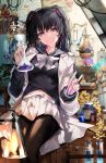 1girl bangs black_hair black_legwear black_sailor_collar black_shirt blurry blurry_foreground breasts closed_mouth commentary_request depth_of_field erlenmeyer_flask eyebrows_visible_through_hair feet_out_of_frame hair_between_eyes hair_ribbon highres hirai_yuzuki holding indoors labcoat looking_at_viewer open_clothes original pantyhose pleated_skirt red_eyes red_ribbon ribbon sailor_collar school_uniform serafuku shirt signature skirt small_breasts smile solo twintails vial white_skirt 