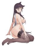  1girl animal_ears apron ass bangs black_hair black_legwear blue_eyes blush breasts cat_ears kurumi_(recycllamo) large_breasts long_hair looking_at_viewer nearly_naked_apron open_mouth original sideboob simple_background sitting solo thighhighs tongue tongue_out white_background yokozuwari 