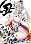  1girl 2021 animal_ears animal_print arms_behind_back artoria_pendragon_(all) artoria_pendragon_(lancer_alter) bell bell_collar bikini blush boots breasts chinese_zodiac cleavage collar commentary commentary_request covered_navel cow_ears cow_horns cow_print cowbell elbow_gloves embarrassed fake_animal_ears fake_horns fate/grand_order fate_(series) floral_print full_body fur-trimmed_kimono fur_trim furisode gloves highleg highleg_leotard highres horns huge_breasts japanese_clothes kawabata_yoshihiro kimono kneeling leotard long_hair long_legs looking_at_viewer micro_bikini mixed-language_commentary new_year print_bikini print_footwear print_gloves print_kimono print_leotard silver_hair solo studded_collar sweat swimsuit thick_thighs thigh_boots thighhighs thighs underboob year_of_the_ox yellow_eyes 