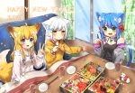  2021 3girls animal_ears black_shirt blue_eyes blue_hair blush bow breasts cat_ears cat_tail chopsticks cleavage cup curtains drooling fox_ears fox_tail green_eyes grey_jacket hair_bow hair_ornament hairclip happy_new_year highres holding holding_chopsticks hood hood_down hoodie jacket kotatsu long_hair long_sleeves looking_at_viewer michiru_donut multiple_girls new_year obentou original plate red_bow shirt sidelocks small_breasts table tail v white_hair white_hoodie window wooden_floor yellow_eyes yellow_hoodie 