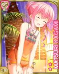  1girl camisole character_name closed_eyes girlfriend_(kari) groin hair_bun hands_on_own_thighs kagami_matsuri leaning_forward long_hair official_art open_mouth orange_camisole orange_shorts pink_hair qp:flapper short_shorts shorts smile solo 