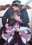  1boy 1girl age_difference ainu ainu_clothes arisaka asirpa bandana bayonet black_hair blue_bandana blue_coat blue_eyes blue_headwear bolt_action brown_eyes brown_scarf cape coat commentary_request ear_piercing earrings fur_cape golden_kamuy grey_background gun hat holding holding_gun holding_weapon hoop_earrings imperial_japanese_army jewelry kepi long_hair long_sleeves looking_at_viewer maddysaki military military_hat military_uniform one_eye_covered open_mouth pants parted_lips piercing pouch rifle scar scar_on_cheek scar_on_face scar_on_nose scarf sheath shirt short_hair sidelocks simple_background standing star_(symbol) sugimoto_saichi sweat two-tone_headwear uniform weapon white_background white_cape white_shirt yellow_headwear 