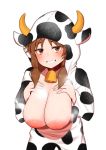  1girl animal_costume animal_ears animal_hood animal_print areolae bangs bell bell_collar blush breasts breasts_outside brown_eyes brown_hair cleavage collar collarbone commentary_request cow_costume cow_ears cow_hood cow_horns cow_print cowbell eyebrows_visible_through_hair fake_animal_ears fake_horns grin hair_tie hands_on_own_chest hands_up highres hood hood_up horns idolmaster idolmaster_cinderella_girls inverted_nipples katagiri_sanae large_areolae large_breasts long_hair looking_at_viewer low_twintails minakami nipples simple_background smile solo standing steaming_body sweat twintails upper_body white_background 