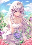  1girl :o bangs bare_shoulders blush bouquet braid breasts bridal_veil bug butterfly cleavage collarbone commentary_request crown_braid day dress emilia_(re:zero) eyebrows_visible_through_hair flower grey_hair hair_flower hair_ornament hair_ribbon highres holding holding_bouquet hyeya insect long_hair looking_at_viewer open_mouth outdoors pink_flower purple_eyes purple_flower re:zero_kara_hajimeru_isekai_seikatsu ribbon scenery silver_hair sleeveless sleeveless_dress smile solo strapless strapless_dress v_arms veil wedding_dress white_dress white_flower x_hair_ornament 