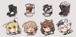  4girls :3 ahoge amonitto animal_ears arknights blonde_hair boots brown_eyes brown_hair cliffheart_(arknights) earpiece feathers fox_ears glasses green_eyes grey_hair hair_feathers hairband hat highres mayer_(arknights) multiple_girls short_hair_with_long_locks silence_(arknights) suzuran_(arknights) tail 