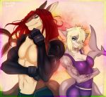  anthro big_breasts breasts clothed clothing digital_media_(artwork) duo female fish hair leonifa looking_at_viewer male marine muscular muscular_female muscular_male pecks shark simple_background smile tattoo 