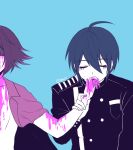  2boys 310v3 ahoge bangs black_hair black_jacket blood blood_on_face bloody_hands blue_background closed_eyes collarbone commentary danganronpa_(series) danganronpa_v3:_killing_harmony double-breasted english_commentary gakuran green_background hair_between_eyes hand_kiss highres jacket jacket_on_shoulders kiss long_sleeves multiple_boys ouma_kokichi pink_blood pink_jacket purple_hair saihara_shuuichi school_uniform short_hair simple_background solo_focus spoilers twitter_username upper_body wrist_grab yaoi 