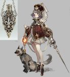  1girl absurdres animal armor blush boots brown_footwear brown_headwear brown_jacket chain closed_mouth collar commentary_request dog full_body grey_background grey_hair hat high_heels highres holding holding_lantern holding_sword holding_weapon jacket korean_commentary lantern long_sleeves looking_at_viewer looking_away nose_blush original personification rapier red_eyes reference_photo_inset shycocoa simple_background skirt solo standing sword weapon white_skirt 