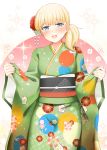  1girl :d blonde_hair blue_eyes blush commentary_request eyebrows_visible_through_hair floral_print green_kimono japanese_clothes kantai_collection kimono long_sleeves obi one_side_up open_mouth print_kimono revision rui_shi_(rayze_ray) sash shin&#039;you_(kantai_collection) short_hair smile solo sparkle wide_sleeves 