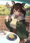  1girl alternate_costume animal_ears antlers blush breath brown_hair casual commentary_request earrings eyebrows_visible_through_hair food green_jacket jacket jewelry kemono_friends kemono_friends_3 long_hair long_sleeves moose_(kemono_friends) moose_ears moose_girl moose_tail noamem sandwich sitting solo sweater tail turtleneck turtleneck_sweater waving white_sweater yellow_eyes 