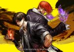  2boys back-to-back black_hair commentary english_commentary fingerless_gloves fingernails fire flaming_hand gakuran gloves hair_over_one_eye headband hiroaki_(kof) jacket kusanagi_kyou male_focus multiple_boys nose official_art omega_symbol open_clothes open_jacket purple_fire red_hair school_uniform sleeves_rolled_up snk the_king_of_fighters the_king_of_fighters_xv white_headband yagami_iori 