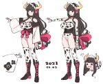  1girl 2021 animal_print bangs bare_shoulders bell bell_choker black_choker black_footwear blunt_bangs boots bow breasts bridal_gauntlets brown_hair character_sheet chinese_zodiac choker cleavage closed_mouth corset cow_print cowbell dated frills horns leotard long_hair michitaro_smile open_mouth original pink_bow purple_eyes simple_background smile standing thighhighs white_background white_legwear year_of_the_ox 