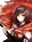  1girl black_hair bodice breasts cape emblem eyebrows_visible_through_hair eyes_visible_through_hair gradient_hair hand_up highres holding long_sleeves looking_at_viewer mpka_yt multicolored_hair red_cape red_hair ruby_rose rwby short_hair silver_eyes simple_background smile solo two-tone_hair white_background 