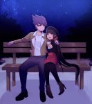  1boy 1girl 310v3 :d alternate_costume ankle_boots bangs bench black_footwear black_legwear blunt_bangs boots brown_jacket commentary commission couple danganronpa_(series) danganronpa_v3:_killing_harmony eyebrows_visible_through_hair facial_hair full_body hair_ornament hair_scrunchie hand_on_another&#039;s_hip hand_on_another&#039;s_shoulder harukawa_maki hetero high_heel_boots high_heels highres jacket long_hair looking_at_another low_twintails mole mole_under_eye momota_kaito night night_sky open_mouth outdoors pants pencil_skirt pink_hair purple_hair purple_pants red_scrunchie red_skirt scrunchie shirt shoes sitting skirt sky smile spiked_hair star_(sky) starry_sky tree twintails twitter_username white_shirt wooden_bench 