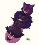  1girl breasts chichibu_(chichichibu) dress gen_1_pokemon gengar hands_together hex_maniac_(pokemon) hidden_face large_breasts long_dress long_hair long_tongue lying messy_hair on_back pokemon pokemon_(game) pokemon_xy puffy_sleeves purple_dress purple_hair ribbed_sweater shoes sidelocks signature sweater tongue white_background 