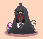  1other 2girls abigail_williams_(fate/grand_order) akimitsu-dono animal_on_lap animalization ashiya_douman_(fate) black_dress black_fur black_headwear black_robe blonde_hair cat cat_on_lap chibi dress fate/grand_order fate_(series) long_hair monster morumoru_(kuromrmr) multiple_girls nursery_rhyme_(fate/extra) pink_background shikigami silver_hair skeleton sleeping two-tone_fur white_fur 