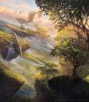  absurdres alayna_danner blue_sky commentary day dutch_angle english_commentary fantasy floating_island grass highres magic:_the_gathering nature official_art outdoors river ruins scenery sky tree water waterfall watermark 