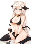  1girl absurdres animal_ears animal_print bikini bikini_bottom bikini_bottom_removed bikini_top black_gloves black_legwear bottomless cow_print fake_animal_ears fake_horns fingerless_gloves girls_frontline gloves grey_eyes grey_hair hair_ornament hairclip highres horns long_hair muteppona_hito navel print_bikini sitting solo svd_(girls_frontline) swimsuit thighhighs wariza white_bikini white_hair 