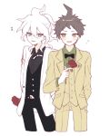  2boys ahoge black_pants black_shirt black_vest blush bow bowtie brown_hair brown_jacket brown_pants collared_shirt cropped_legs danganronpa_(series) danganronpa_2:_goodbye_despair flower gloves grey_hair highres hinata_hajime holding holding_flower jacket komaeda_nagito looking_at_viewer male_focus mao_gao_gao multiple_boys musical_note official_alternate_costume open_clothes open_jacket open_mouth pale_skin pants red_flower red_rose rose shirt short_hair simple_background vest white_hair white_jacket 
