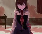  1girl blood blood_on_face blood_on_wall blood_splatter bloody_clothes brown_hair closed_mouth curtains dzwartsy english_text frills hair_between_eyes indoors long_hair looking_at_viewer original phone purple_eyes red_neckwear red_ribbon ribbon signature solo umineko_no_naku_koro_ni ushiromiya_maria 