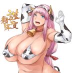  2021 animal_ears animal_print areola_slip areolae arm_behind_head arm_up bare_shoulders bell blue_eyes breasts covered_nipples cow_print cowbell ear_tag elbow_gloves eyebrows_visible_through_hair fake_animal_ears fake_horns gloves highres horns large_breasts long_hair navel open_mouth original pink_hair revealing_clothes simple_background tokihanatareshi tongue upper_teeth white_background white_gloves 