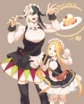  1boy 1girl abigail_williams_(fate/grand_order) alternate_costume apron ashiya_douman_(fate) asymmetrical_hair bell black_dress black_eyes black_hair black_legwear child claw_pose contrapposto curly_hair dress earrings fate/grand_order fate_(series) fingernails food frilled_skirt frills green_lipstick green_nails hair_bell hair_between_eyes hair_intakes hair_ornament jewelry leaning_forward lipstick long_hair magatama magatama_earrings maid maid_apron maid_headdress makeup morumoru_(kuromrmr) multicolored_hair open_mouth pancake pectorals sharp_fingernails skirt sleeves_past_wrists smile thighhighs toned toned_male two-tone_hair very_long_fingernails very_long_hair white_hair 