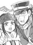  1boy 1girl ainu ainu_clothes asirpa bandana black_eyes black_hair blush cape commentary_request ear_piercing earrings fur_cape golden_kamuy greyscale hat headband holding holding_another hoop_earrings imperial_japanese_army jewelry kepi long_hair looking_at_viewer military military_hat military_uniform monochrome open_mouth osmt328 piercing pointing pointing_at_viewer scar scar_on_cheek scar_on_face scar_on_mouth scar_on_nose scarf short_hair sidelocks simple_background spiked_hair star_(symbol) sugimoto_saichi uniform upper_body white_background 