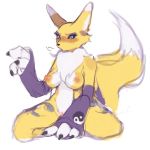  anthro armwear blue_eyes blush breasts canid canine claws clothing digimon digimon_(species) female fur genitals hi_res kneeling looking_at_viewer mammal nipples nude pussy renamon simple_background softpeachiis solo thick_thighs white_background white_body white_fur wide_hips yellow_body yellow_fur 
