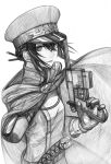  1girl absurdres amputee belt cloak gloves greyscale gun hair_between_eyes hat hatching_(texture) highres holding holding_gun holding_weapon hood hooded_cloak huge_filesize looking_at_viewer medium_hair monochrome original parted_lips savuxan sheath sheathed simple_background smile solo sword uniform weapon white_background 