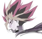  1boy black_hair blonde_hair closed_mouth eyes_visible_through_hair face male_focus multicolored multicolored_hair profile purple_eyes purple_hair ryou_(cagw5223) simple_background sketch smile solo spiked_hair turtleneck white_background yami_yuugi yu-gi-oh! 