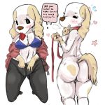  2020 absurd_res aggressive_retsuko anthro big_breasts bottomwear bra breasts canid canine canis cleavage clothed clothing collar condom condom_in_mouth dialogue domestic_dog english_text front_view genitals hi_res inui_(aggressive_retsuko) kneeling leash male mammal nude off_shoulder pants partially_clothed petplay pussy rear_view roleplay sanrio sexual_barrier_device solo talking_to_viewer tanuk_kun text underwear wrapped_condom 