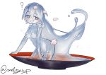  1girl :d akira_(meltyhip) blush cherry_blossoms colored_sclera colored_skin completely_nude cup grey_eyes grey_hair grey_sclera grey_skin in_container in_cup looking_at_viewer minigirl monster_girl nude open_mouth original petals sakazuki slime_girl smile solo spill twitter_username 