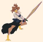  anatid anseriform anthro avian bird clothed clothing duck female fighting_pose front_view hair hi_res holding_object looking_aside ooo-belise-ooo pose practice_sword simple_background solo wooden_sword 