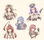  5girls :q ahoge animal bangs black_gloves blue_hair bow breasts brown_hair capelet claw_pose clenched_hand closed_eyes cropped_torso elbow_gloves fang gloves gotland_(kantai_collection) hair_between_eyes hair_bow hair_bun headband holding holding_animal holding_weapon huge_ahoge jintsuu_(kantai_collection) kantai_collection kinu_(kantai_collection) kuma_(kantai_collection) large_breasts long_hair long_sleeves mechanical_halo mole mole_under_eye multiple_girls one_eye_closed open_mouth partially_fingerless_gloves polearm purple_hair red_hair remodel_(kantai_collection) sailor_collar school_uniform serafuku shaded_face sheep short_hair short_sleeves sidelocks simple_background sleeveless smile suke_(share_koube) tatsuta_(kantai_collection) tongue tongue_out upper_body weapon yellow_background 