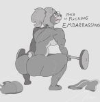  anthro athletic athletic_anthro back_muscles big_breasts blush bodily_fluids breasts butt clothes_on_floor clothing crouching deadlift embarrassed exercise eyewear female fur glasses gym_clothing mammal muscular muscular_arms muscular_thighs outottered22_(artist) rear_view sam_(outottered) solo sweat sweaty_breasts sweaty_butt text training_bra ursid weightlifting weights workout 