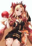  1girl animal artist_name black_dress blonde_hair blush bow breasts cape commentary deer detached_collar detached_sleeves dress ereshkigal_(fate/grand_order) fate/grand_order fate_(series) forehead hair_bow highres holding holding_skull kiyochii long_hair panties pantyshot red_bow red_cape red_eyes short_dress single_detached_sleeve skull small_breasts solo spine symbol_commentary thigh_gap thighs tiara two_side_up underwear watermark white_background 