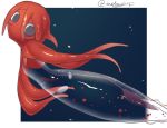  1girl akira_(meltyhip) black_eyes colored_skin from_side looking_at_viewer looking_to_the_side monster_girl navel no_mouth original red_hair red_skin solo squid squid_girl tentacle_hair tentacles transparent_skin twitter_username underwater wide-eyed 