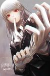  1girl absurdres black_neckwear black_suit braid commission eyebrows_visible_through_hair fingernails formal glove_pull gloves grey_hair hatching_(texture) highres long_hair necktie original red_eyes red_nails savuxan signature solo suit teeth_hold upper_body white_gloves 
