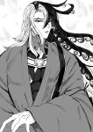  1boy ashiya_douman_(fate) asymmetrical_hair bell black_eyes black_hair curly_hair earrings fate/grand_order fate_(series) greyscale hair_bell hair_between_eyes hair_intakes hair_ornament highres japanese_clothes jewelry kimono long_hair magatama magatama_earrings male_focus monochrome multicolored_hair nonono_nagata open_clothes open_kimono parted_lips pectorals solo toned toned_male two-tone_hair upper_body very_long_hair white_hair wind 