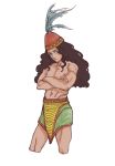  1boy black_hair blue_eyes capelin_s cowboy_shot cropped_arms hat hat_feather highres history long_hair looking_at_viewer male_focus minoan_clothes muscular muscular_male navel nipples original pelvic_curtain shirtless simple_background smile solo white_background 
