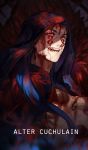  1boy absurdres blood blood_on_face blue_hair bodypaint bok character_name close-up cu_chulainn_(fate)_(all) cu_chulainn_alter_(fate/grand_order) dark_persona earrings facepaint fate/grand_order fate_(series) fur grin highres hood hood_up jewelry long_hair male_focus open_mouth red_eyes sharp_teeth slit_pupils smile solo teeth type-moon 