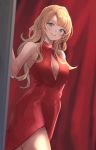  1girl absurdres alternate_costume bare_shoulders blonde_hair blue_eyes breasts cleavage cleavage_cutout clothing_cutout curtains dress earrings granblue_fantasy highres jewelry long_dress long_hair red_curtains red_dress renzu_(lens_02) shirt sleeveless sleeveless_shirt solo zeta_(granblue_fantasy) 