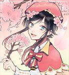  1boy black_hair blue_eyes bow branch cherry_blossoms cookie_galo eyebrows_visible_through_hair flower frilled_sleeves frills gem genshin_impact gradient_hair hair_flower hair_ornament hat holding holding_branch long_sleeves looking_at_viewer male_focus multicolored_hair open_mouth otoko_no_ko petals pink_background pink_hair pink_headwear short_hair_with_long_locks sidelocks simple_background smile solo tree_branch venti_(genshin_impact) 